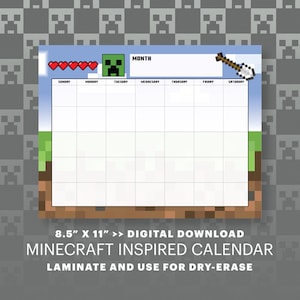 May include: A printable Minecraft-themed calendar with a green creeper character, red hearts, and a pickaxe. The calendar is 8.5 inches by 11 inches and is designed for dry-erase use.