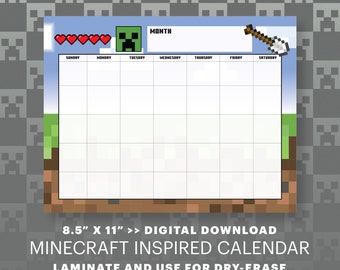 Printable Minecraft Theme Blank Month View Calendar | 8.5 x 11 Page | Full Bleed | Laminate for Reusable Dry Erase Calendar Digital Download