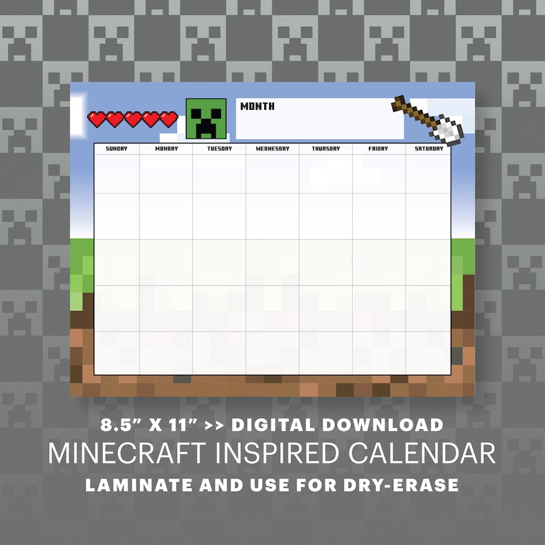 Printable Minecraft Theme Blank Month View Calendar 8.5 X 11 Page