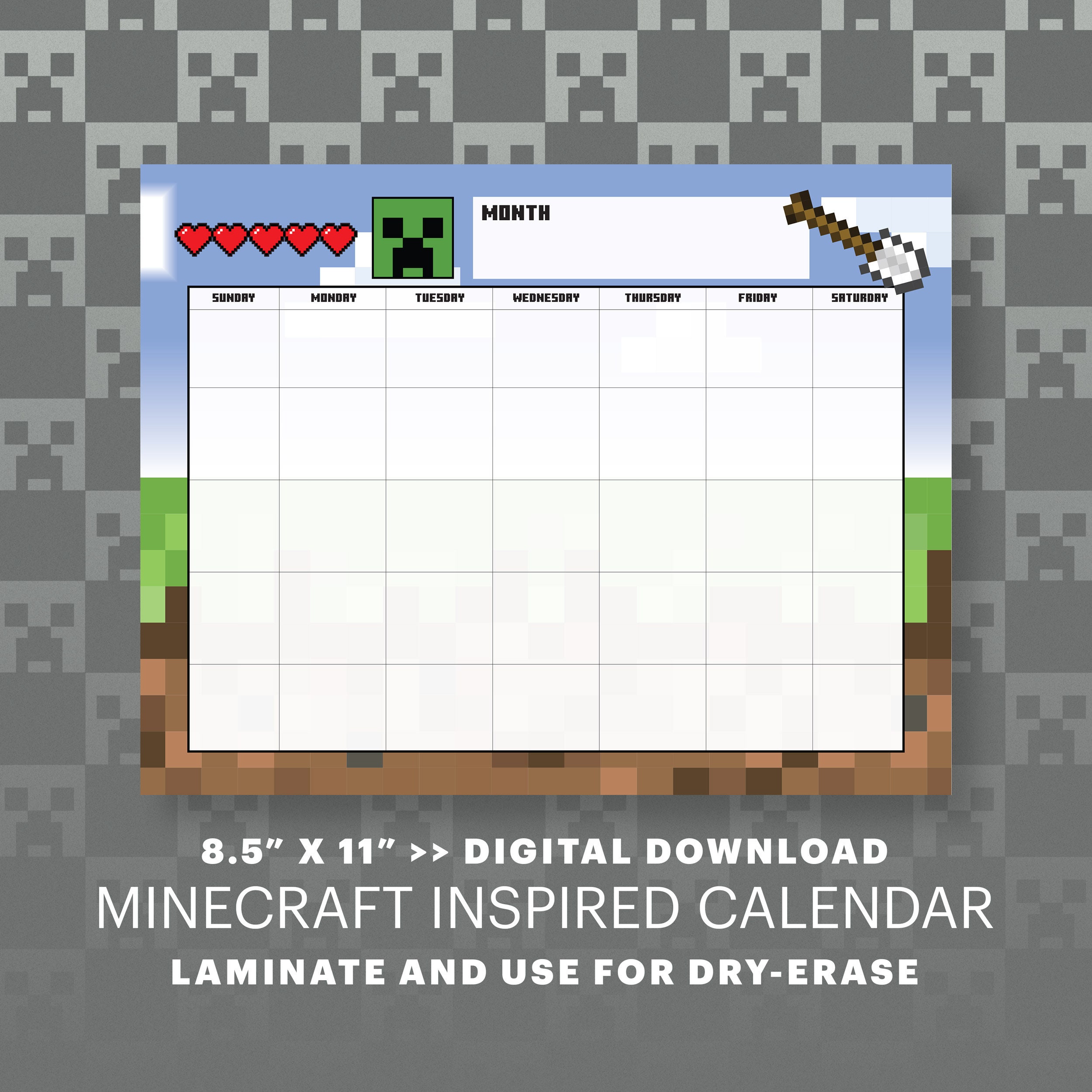 Printable Minecraft Theme Blank Month View Calendar 8.5 X 11 Page Full ...