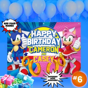 May include: A Sonic the Hedgehog themed birthday banner with blue and pink backgrounds. The banner features Sonic and Amy Rose, with the text "Happy Birthday Cameron and Casey" and gold rings. The banner is decorated with blue and pink balloons.