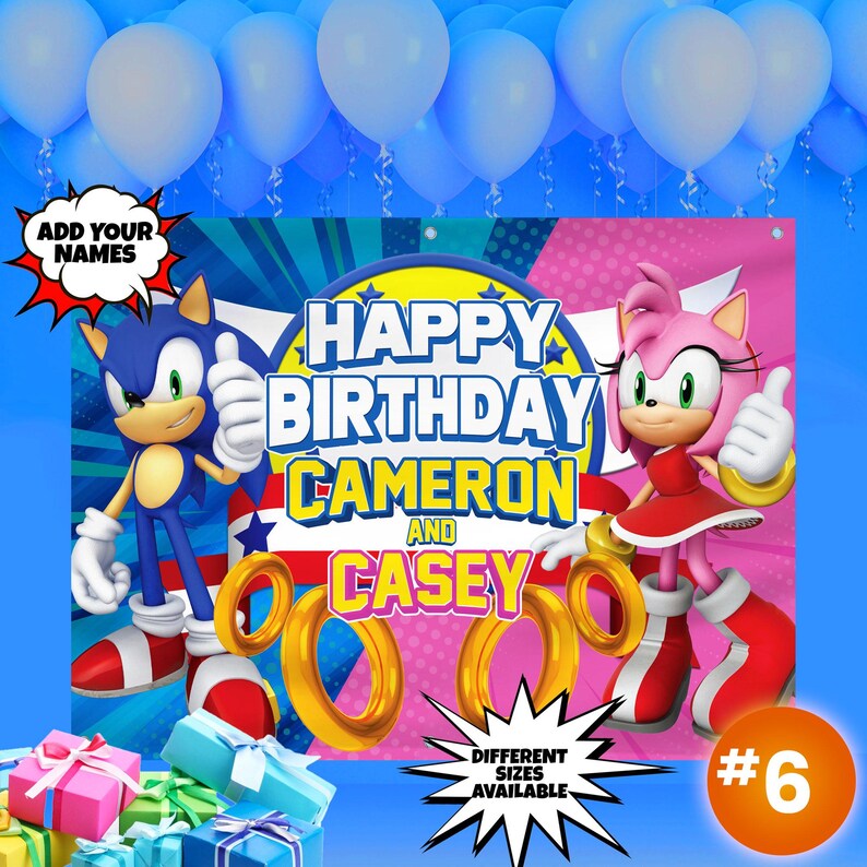 May include: A Sonic the Hedgehog themed birthday banner with blue and pink backgrounds. The banner features Sonic and Amy Rose, with the text "Happy Birthday Cameron and Casey" and gold rings. The banner is decorated with blue and pink balloons.