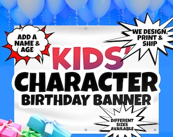 PRINTED Kids Birthday Banner | Personalized Design Included | Add Name and Age, Choose Colors and Characters | Party Backdrop Vinyl