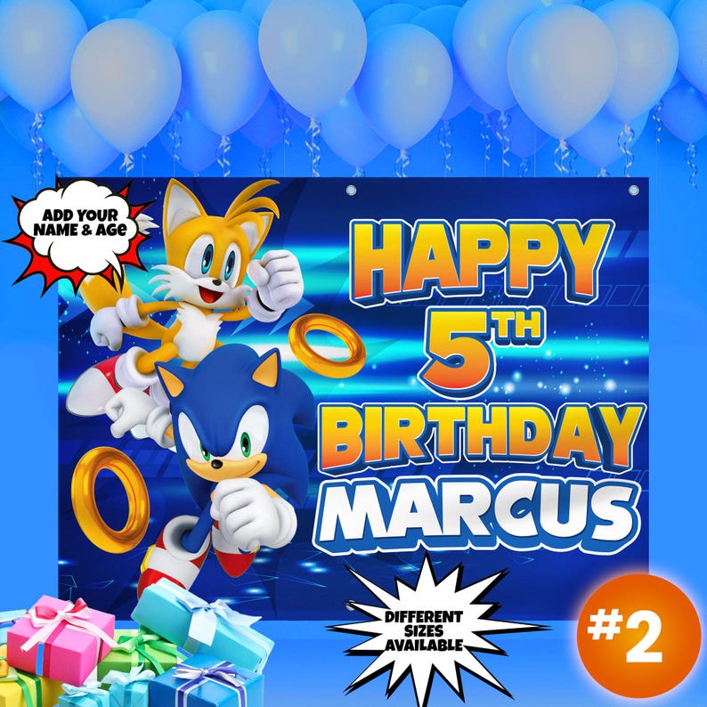 May include: Blue and orange birthday banner featuring Sonic the Hedgehog and Tails. The banner says "Happy 5th Birthday Marcus" and has a blue and white background with a sparkle effect.