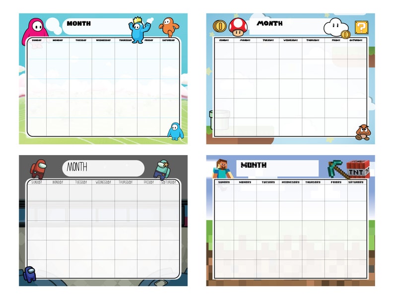 Set of 4 Gaming Themed Printable Calendars | Full Color | Minecraft ...