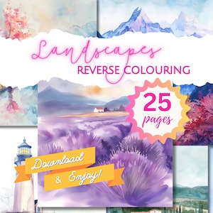Könnte beinhalten: Eine Sammlung von 25 Seiten zum Umkehren des Ausmalens mit Aquarelllandschaften. Die Seiten zeigen Szenen von Bergen, einem Leuchtturm, einem Lavendelfeld und einer Landschaftsszene. Der Text "Landscapes Reverse Coloring" und "Download & Enjoy!" ist im Bild enthalten.