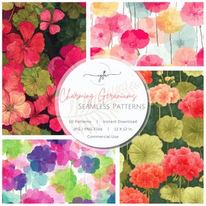 May include: A digital art collage showcasing four seamless patterns featuring geranium flowers in various colours. The patterns include red, pink, purple, and orange blooms with green foliage. The image includes the text "Charming Geraniums SEAMLESS PATTERNS".