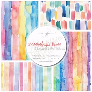 Watercolor Seamless Pattern Set: Brushstroke Bliss, Abstract Digital Papers (Instant Download, 12x12 Repeating Patterns)