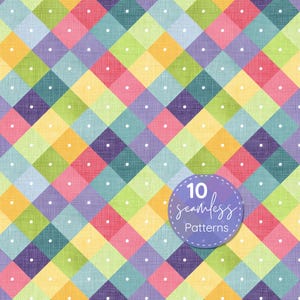 May include: A colorful seamless pattern featuring a diamond grid design in various colors, including yellow, green, pink, and purple. Each diamond has a textured appearance and is dotted with small white circles. The image includes a circular graphic with the text "10 seamless Patterns".