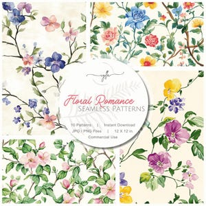 Op de afbeelding: Bloemloze patronen met aquarel illustraties van verschillende bloemen in roze, paars, blauw en geel. De patronen staan op een crèmekleurige achtergrond. De tekst "Floral Romance" wordt weergegeven.