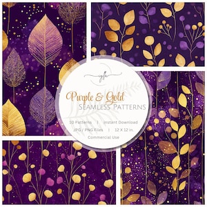 Puede incluir: Cuatro patrones digitales sin costuras en tonos morados y dorados. Los patrones presentan diseños botánicos con hojas y elementos florales. El texto "Purple & Gold SEAMLESS PATTERNS" se muestra en un diseño circular. Los patrones miden 30,48 x 30,48 cm.
