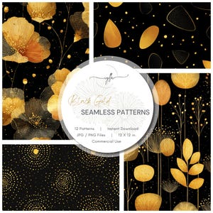 Può includere: Una collezione digitale di 12 motivi senza cuciture con design neri e dorati. L'etichetta centrale circolare mostra il testo 'iylla', 'Black Gold', 'SEAMLESS PATTERNS', '12 Patterns', 'Instant Download', 'JPG / PNG Files' e '30,48 X 30,48 cm'.