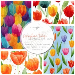 May include: A collection of watercolor seamless patterns featuring colorful tulips in various arrangements. The patterns include vibrant hues of yellow, orange, pink, purple, and blue. The image also includes the text "Springtime Tulips SEAMLESS PATTERNS".
