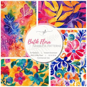 Botanical Seamless Pattern Pack: Batik Flora, Digital Paper (12x12 Repeating Patterns)