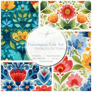 May include: A digital art print featuring four square panels with colorful floral patterns. The designs include stylized flowers and foliage in shades of blue, red, yellow, and green. The text "Norwegian Folk Art SEAMLESS PATTERNS" is displayed in a circular overlay.