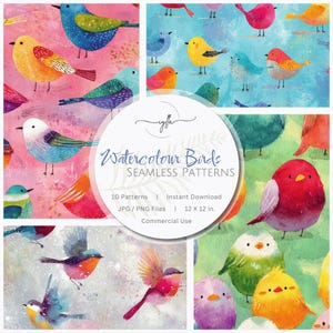 May include: Watercolor birds seamless patterns in various colors, including blue, yellow, red, and green. The image features multiple square designs with different bird illustrations. The text reads "Watercolour Birds SEAMLESS PATTERNS". Each pattern is 12 x 12 inches.