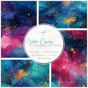 Könnte beinhalten: Vier nahtlose Muster mit einem Aquarell-Galaxiethema. Die Muster zeigen Farbtöne von Blau, Lila und Rosa mit goldenen Akzenten. Das Bild enthält den Text "Golden Cosmos Seamless Patterns" und "12 x 12 in."