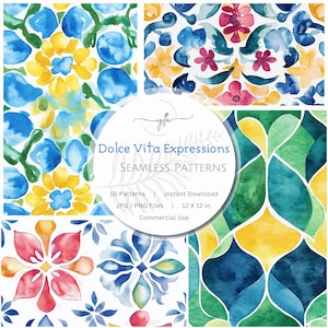 Può includere: Un download digitale con quattro motivi acquerellati senza cuciture. I motivi presentano disegni floreali e geometrici nei toni del blu, giallo, verde e rosso. L'immagine include il testo "Dolce Vita Expressions SEAMLESS PATTERNS" e "12 x 12 in."