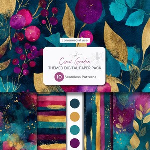 May include: A digital paper pack featuring ten seamless patterns with watercolor textures in deep blue, magenta, and gold. The design includes botanical motifs, stripes, and abstract washes. Text reads: Cosmic Garden THEMED DIGITAL PAPER PACK 10 Seamless Patterns.