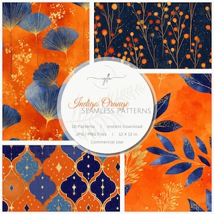 May include: A collection of indigo and orange seamless patterns. The designs include floral and geometric motifs with gold accents. The patterns are available as JPG and PNG files, 12 x 12 inches in size, for commercial use.