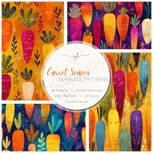 Könnte beinhalten: Eine Sammlung farbenfroher nahtloser Muster mit stilisierten Karotten in verschiedenen Orange-, Lila- und Gelbtönen. Der Text "Carrot Season" und weitere Details sind ebenfalls sichtbar. Die Muster sind als Sofort-Downloads verfügbar.