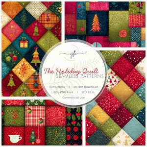 Puede incluir: Una colección de patrones sin costuras con temática navideña. Los patrones presentan cuadrados con diseños festivos, incluyendo árboles de Navidad, regalos y adornos. La paleta de colores incluye rojo, verde, dorado y azul. El texto dice "The Holiday Quilt Seamless Patterns".