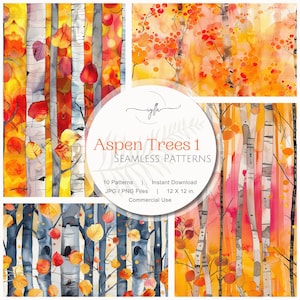 May include: A collection of watercolor seamless patterns featuring aspen trees in autumn colors. The patterns include images of tree trunks, falling leaves, and branches. The text on the image reads "Aspen Trees 1 Seamless Patterns". Each pattern is 12 x 12 inches.