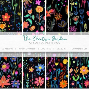 Botanical Seamless Pattern Kit - The Electric Garden, Vibrant Neon Flowers on Black Background, Digital Paper Collection Pack for DIY Crafts