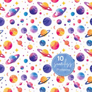 Kids Seamless Pattern Pack - Planetary Adventures, White Background, Space Universe Planets (12x12 Repeating Patterns)