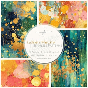 May include: A digital art image showcasing four seamless patterns with gold flecks. The patterns feature watercolor textures in teal, pink, and yellow. The image includes the text "Golden Flecks SEAMLESS PATTERNS" and "12 x 12 in."