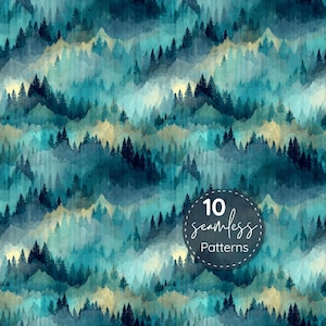 Pode incluir: Um padrão digital contínuo com uma paisagem repetitiva de florestas de pinheiros e montanhas em camadas em tons de azul-petróleo, azul-escuro e amarelo-pálido. Um emblema circular cinza-escuro sobrepõe o design com o texto 10 seamless Patterns.
