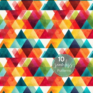 May include: A vibrant, watercolor-style pattern featuring overlapping triangles in shades of red, orange, yellow, green, blue, and purple. The design includes the text "10 seamless Patterns" in a circular badge.
