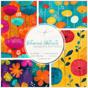 May include: A collection of colorful botanical abstract seamless patterns. The patterns feature vibrant flowers in shades of pink, blue, orange, and yellow against various backgrounds. The image includes text that reads "Botanical Abstracts, Seamless Patterns".