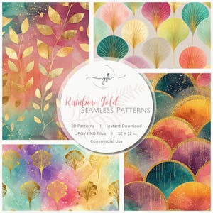 Puede incluir: Una colección de patrones sin costuras en acuarela con detalles dorados y una paleta de colores arcoíris. La imagen incluye el texto "Rainbow Gold SEAMLESS PATTERNS" y "12 x 12 in.", que son aproximadamente 30,5 cm x 30,5 cm.