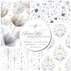 May include: A collection of seamless patterns in shades of white, gray, and gold. The patterns feature floral and abstract designs, including stylized flowers and delicate botanical elements. The text "Frozen Mist SEAMLESS PATTERNS" is displayed.