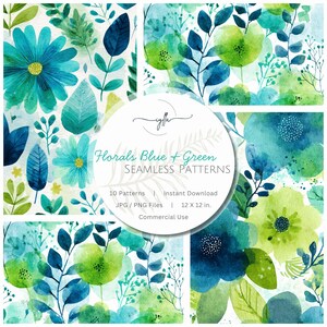 May include: A collection of seamless digital patterns featuring watercolor floral designs in shades of blue and green. The central circular text overlay reads: iylla, Florals Blue + Green SEAMLESS PATTERNS, 10 Patterns, Instant Download, JPG / PNG Files, 12 X 12 in., Commercial Use.