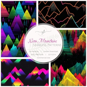 Könnte beinhalten: Eine digitale Sammlung nahtloser Muster mit Neon-Berglandschaften in leuchtenden Farben wie Pink, Gelb, Blau und Grün auf schwarzem Hintergrund. Das zentrale kreisförmige Etikett zeigt den Text Neon Mountains SEAMLESS PATTERNS.