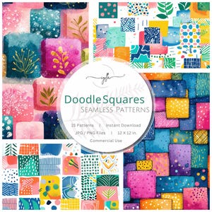 Abstract Seamless Pattern Pack: Doodle Squares, Digital Papers (Instant Download, 12x12 Repeating Patterns)