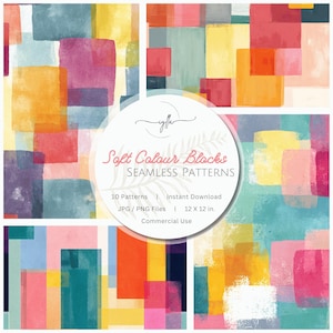 May include: A digital art print featuring a collection of watercolor-style seamless patterns. The patterns showcase soft color blocks in shades of pink, yellow, orange, blue, and purple. The image includes the text "Soft Colour Blocks" and "12 X 12 in."