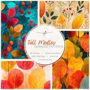Puede incluir: Una colección de cuatro patrones sin costuras con temática otoñal. Los patrones presentan ilustraciones de acuarela de hojas de otoño, bayas y follaje en tonos de rojo, naranja, amarillo y verde azulado. La imagen incluye el texto "Fall Medley Seamless Patterns" y "12 x 12 in."