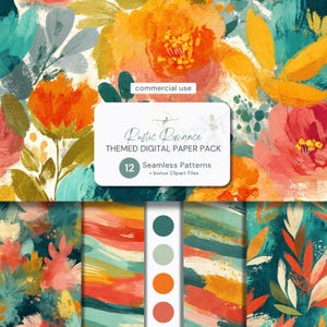 Può includere: Un pacchetto di carta digitale con dodici motivi senza cuciture con disegni floreali dipinti in arancione, giallo, verde acqua e verde. Un'etichetta rettangolare bianca mostra il testo: commercial use, Rustic Romance THEMED DIGITAL PAPER PACK, 12 Seamless Patterns + bonus Clipart Files.