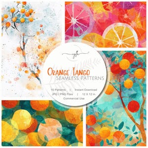 Op de afbeelding: Een digitale collectie van naadloze Orange Tango-patronen met aquarelillustraties van citrusvruchten, sinaasappelbomen en gesneden sinaasappels in levendige tinten oranje, geel, roze en blauwgroen, met de tekst Orange Tango SEAMLESS PATTERNS.