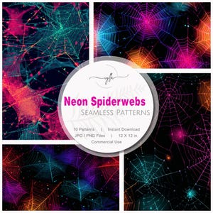 Halloween Seamless Pattern: Neon Spiderwebs, Black Background, Digital Papers (Instant Download, 12x12 Repeating Patterns)