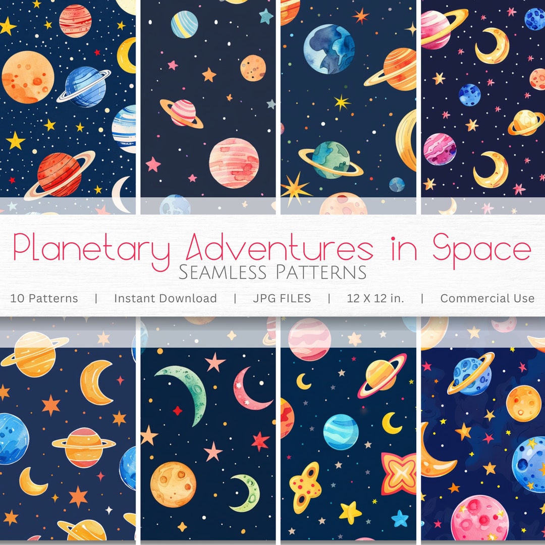 Planet Pattern Cards Kids Seamless Pattern Kit - Planetary Adventures in Space on Dark ...