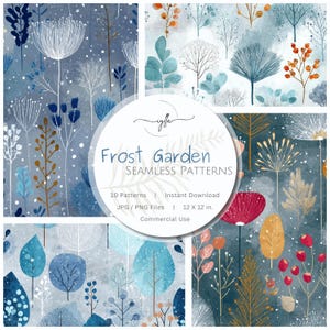 Peut inclure: Ensemble de motifs sans couture sur le thème du jardin d'hiver. Les motifs présentent des éléments botaniques stylisés dans des tons de bleu, blanc et or. Les motifs mesurent 30,48 cm x 30,48 cm et sont disponibles en fichiers JPG/PNG.