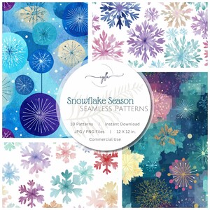 May include: A collection of watercolor seamless patterns featuring snowflakes in various colors, including blue, purple, and gold. The patterns are displayed in a grid format, with the text "Snowflake Season SEAMLESS PATTERNS" in the center. The patterns are 12 x 12 inches.