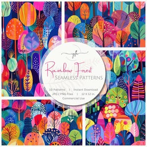 Watercolor Seamless Pattern Set: Rainbow Forest, Nature Digital Papers (Instant Download, 12x12 Repeating Patterns)