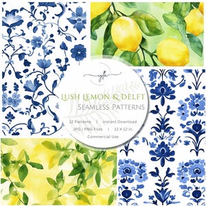 Coastal Seamless Pattern: Lush Lemon & Delft, Mediterranean Watercolor Digital Paper (12x12 Repeating Patterns)
