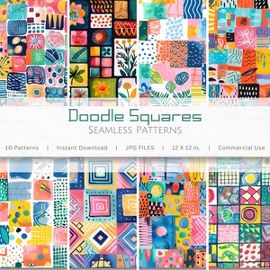 Whimsical Seamless Pattern Pack - Doodle Squares Digital Paper Abstract Art Instant Download Backgrounds for Graphics, Scrap Journal, Crafts