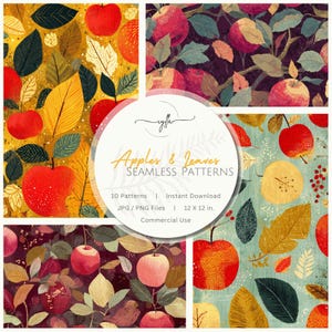 Puede incluir: Una colección digital de patrones sin costuras con manzanas y hojas en varias paletas de colores, incluyendo amarillo, morado oscuro y azul claro. El texto circular central dice: iylla Apples & Leaves SEAMLESS PATTERNS 10 Patterns | Instant Download JPG / PNG Files | 30,48 x 30,48 cm. Commercial Use.